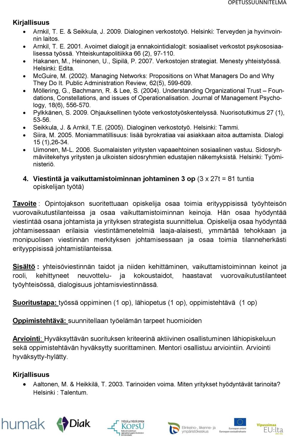 Menesty yhteistyössä. Helsinki: Edita. McGuire, M. (2002). Managing Networks: Propositions on What Managers Do and Why They Do It. Public Administration Review, 62(5), 599-609. Möllering, G.