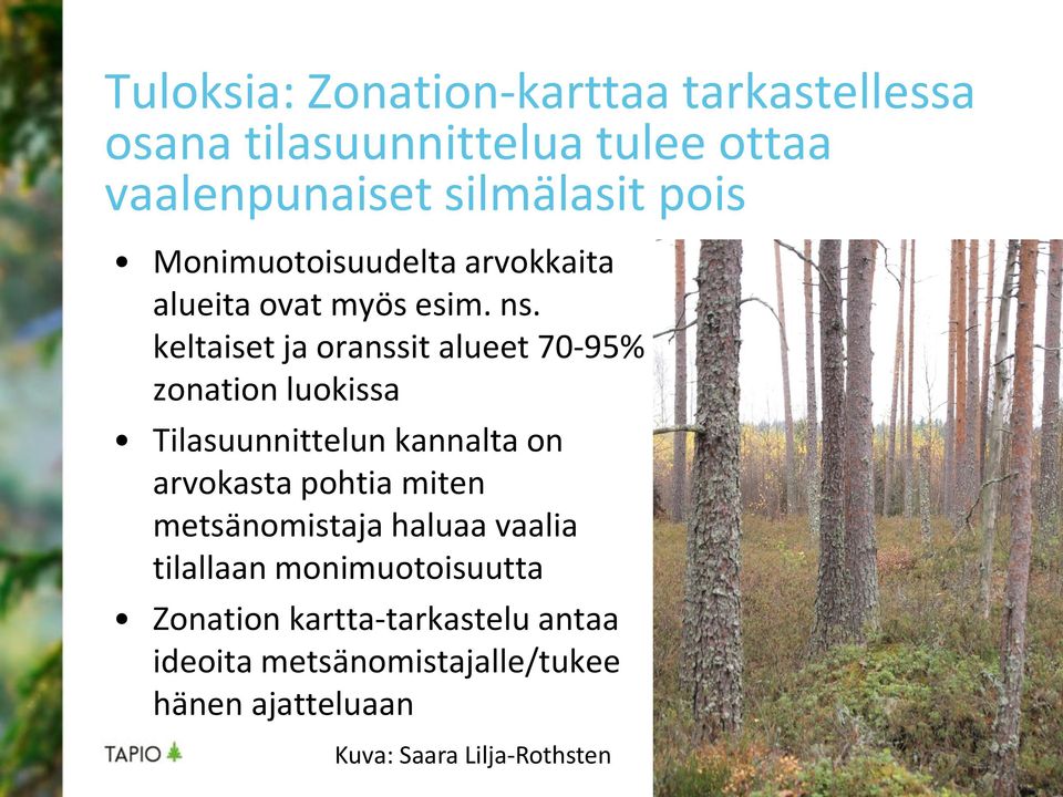 keltaiset ja oranssit alueet 70-95% zonation luokissa Tilasuunnittelun kannalta on arvokasta pohtia