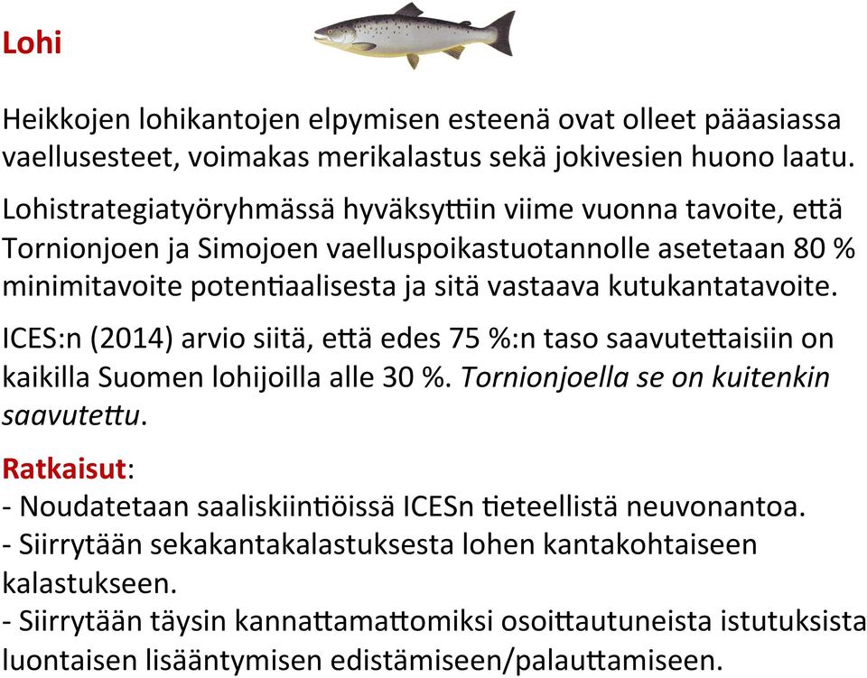 kutukantatavoite. ICES:n (2014) arvio siitä, e3ä edes 75 %:n taso saavute3aisiin on kaikilla Suomen lohijoilla alle 30 %. Tornionjoella se on kuitenkin saavute0u.