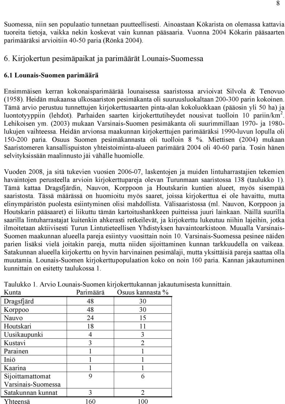 1 Lounais-Suomen parimäärä Ensimmäisen kerran kokonaisparimäärää lounaisessa saaristossa arvioivat Silvola & Tenovuo (1958).