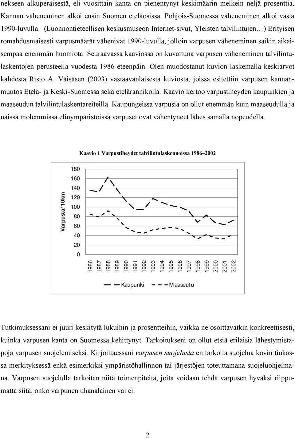 (Luonnontieteellisen keskusmuseon Internet-sivut, Yleisten talvilintujen ) Erityisen romahdusmaisesti varpusmäärät vähenivät 1990-luvulla, jolloin varpusen väheneminen saikin aikaisempaa enemmän