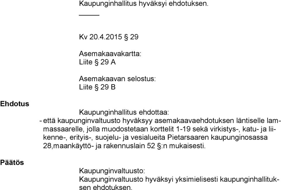 hyväksyy asemakaavaehdotuksen läntiselle lammassaarelle, jolla muodostetaan korttelit 1-19 sekä virkistys-, katu- ja