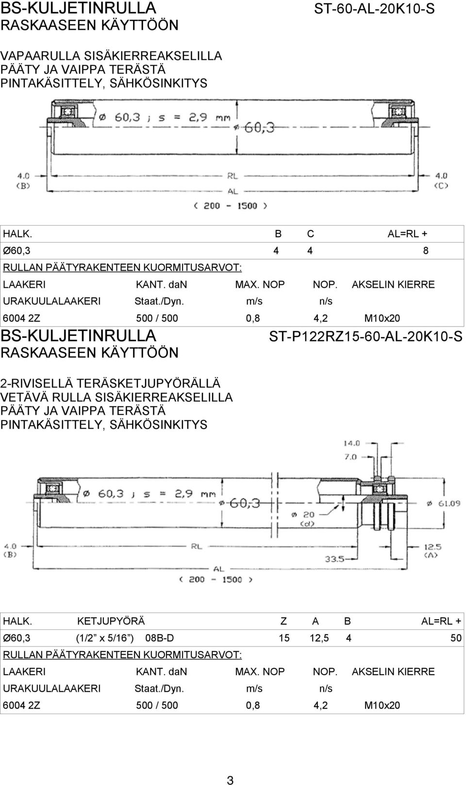 2-RIVISELLÄ TERÄSKETJUPYÖRÄLLÄ ST-P122RZ15-60-AL-20K10-S