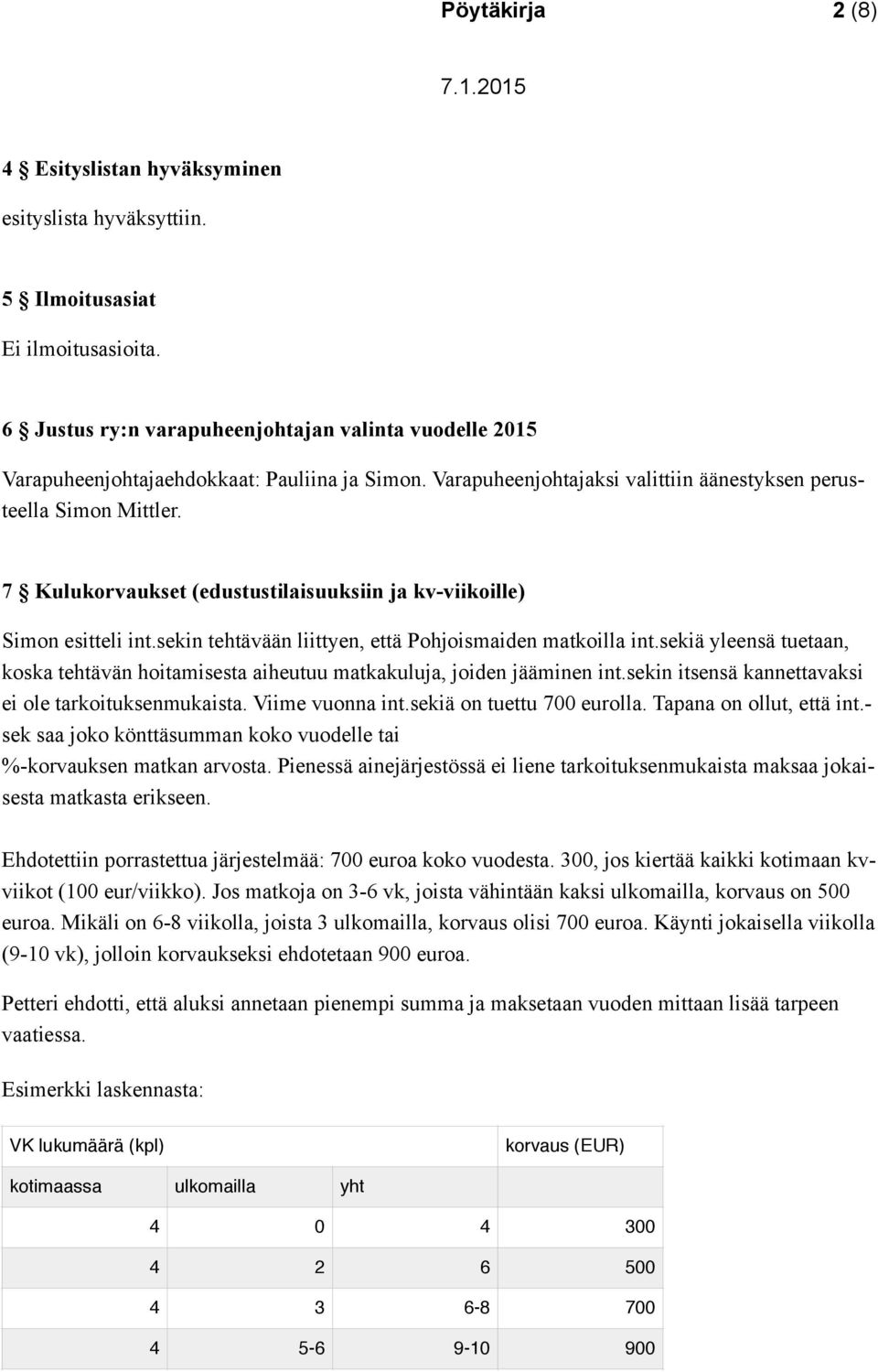 7 Kulukorvaukset (edustustilaisuuksiin ja kv-viikoille) Simon esitteli int.sekin tehtävään liittyen, että Pohjoismaiden matkoilla int.