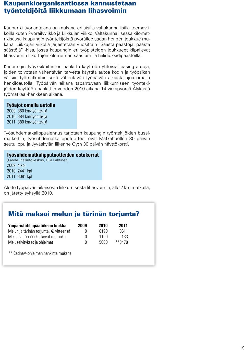 Liikkujan viikolla järjestetään vuosittain Säästä päästöjä, päästä säästöjä -kisa, jossa kaupungin eri työpisteiden joukkueet kilpailevat lihasvoimin liikuttujen kilometrien säästämillä