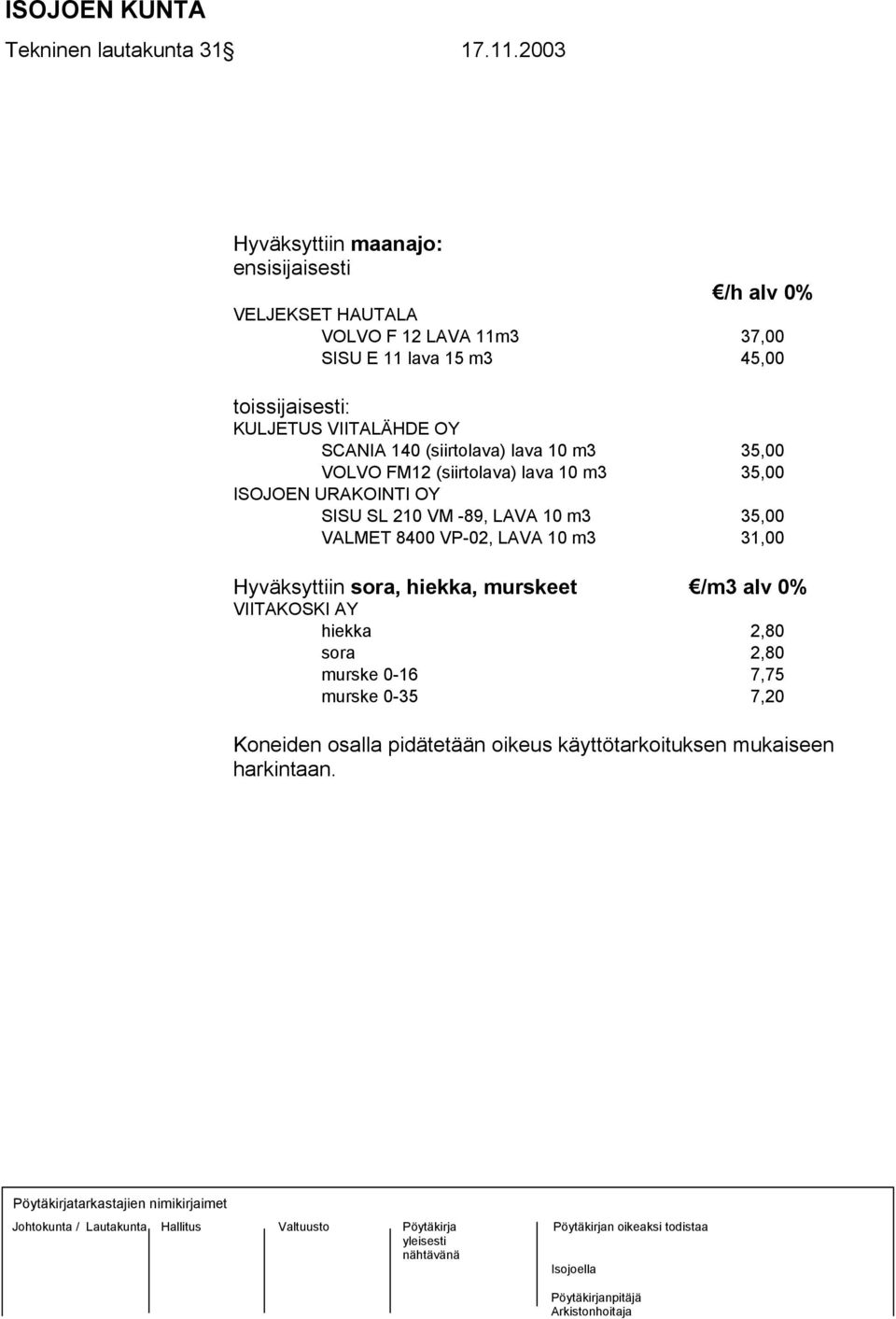 VIITALÄHDE OY SCANIA 140 (siirtolava) lava 10 m3 35,00 VOLVO FM12 (siirtolava) lava 10 m3 35,00 ISOJOEN URAKOINTI OY SISU SL 210 VM