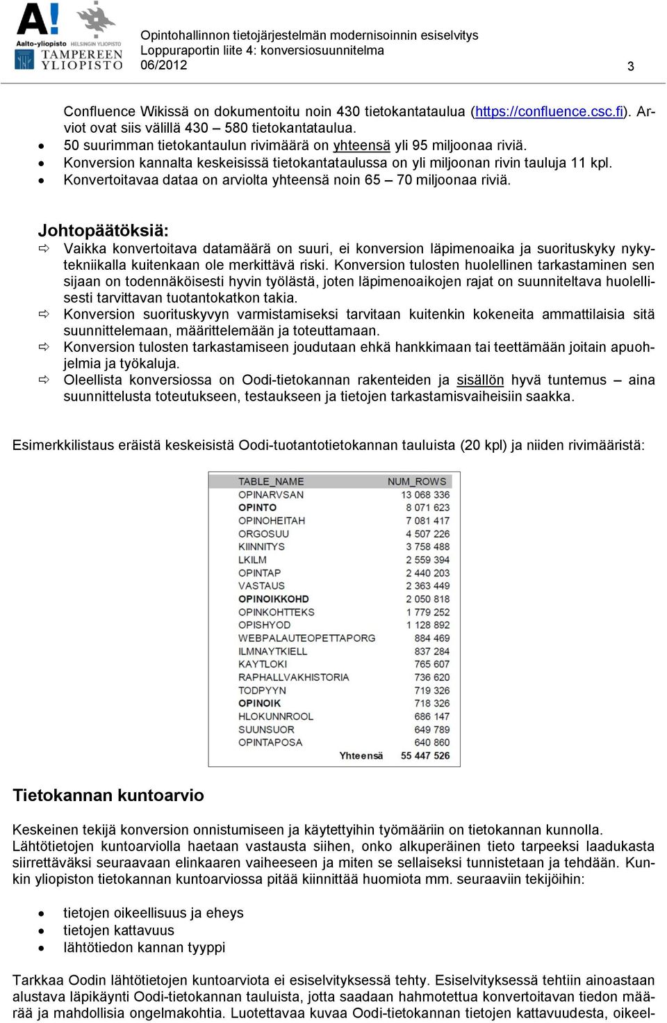 Konvertoitavaa dataa on arviolta yhteensä noin 65 70 miljoonaa riviä.