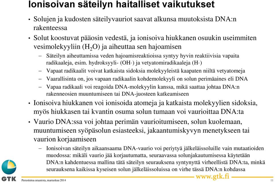 hydroksyyli- (OH ) ja vetyatomiradikaaleja (H ) Vapaat radikaalit voivat katkaista sidoksia molekyyleistä kaapaten niiltä vetyatomeja Vaarallisinta on, jos vapaan radikaalin kohdemolekyyli on solun