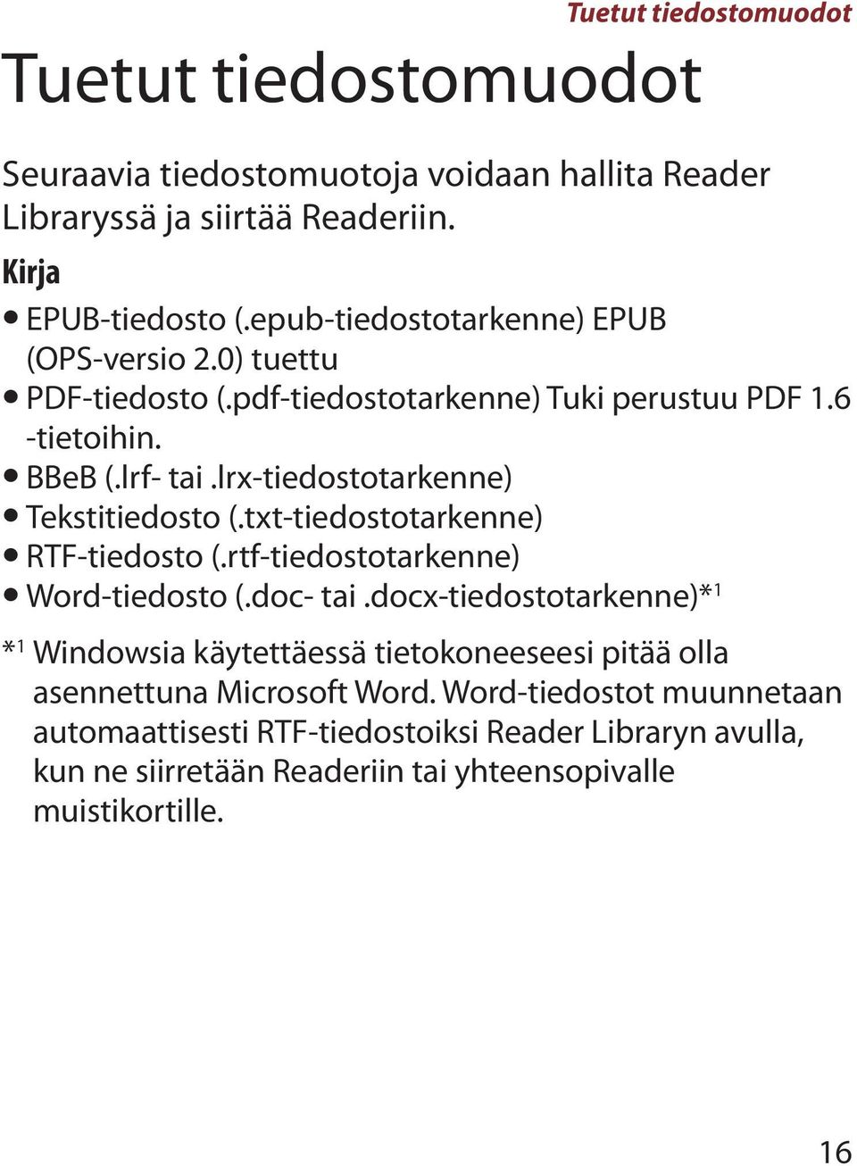 lrx-tiedostotarkenne) Tekstitiedosto (.txt-tiedostotarkenne) RTF-tiedosto (.rtf-tiedostotarkenne) Word-tiedosto (.doc- tai.