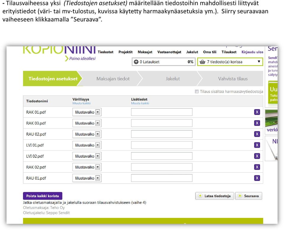 erityistiedot (väri- tai mv-tulostus, kuvissa käytetty