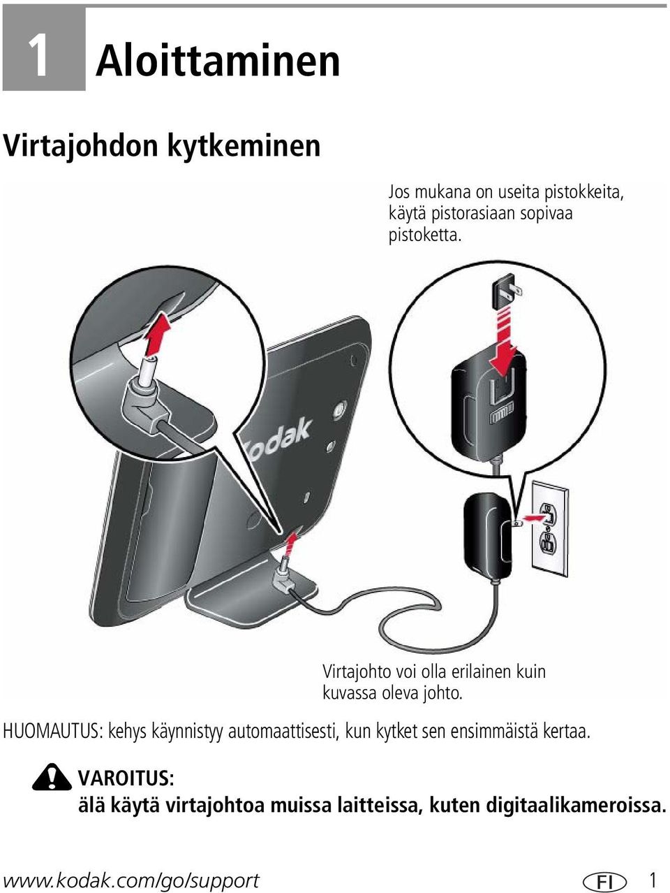 HUOMAUTUS: kehys käynnistyy automaattisesti, kun kytket sen ensimmäistä kertaa.