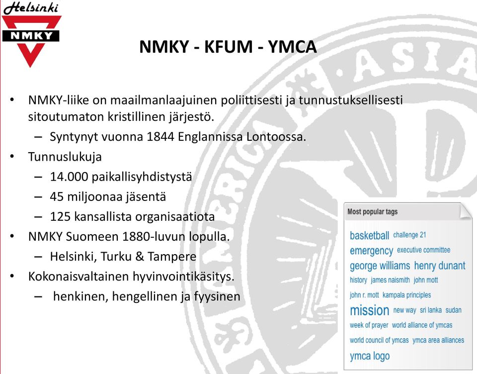 000 paikallisyhdistystä 45 miljoonaa jäsentä 125 kansallista organisaatiota NMKY Suomeen
