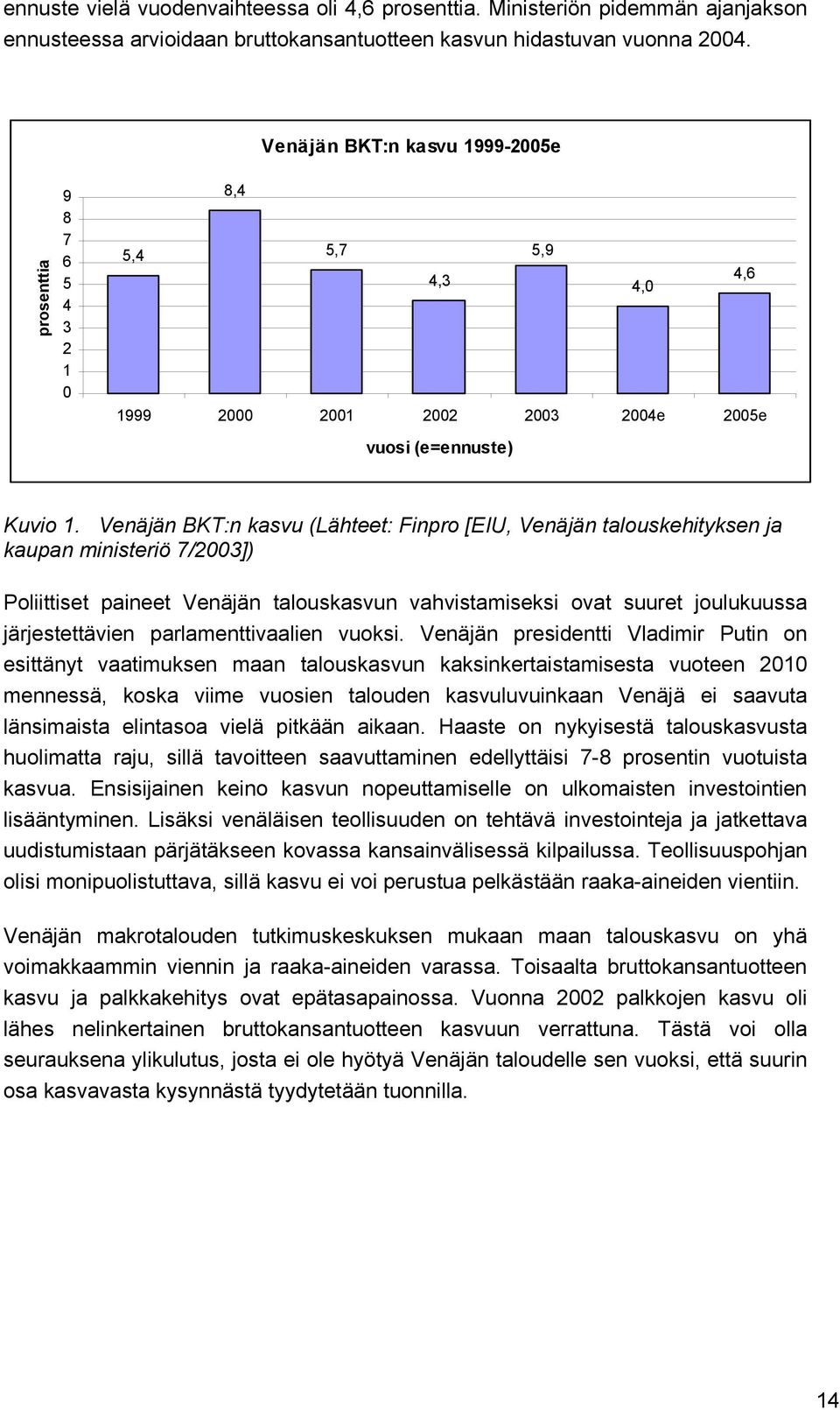 Venäjän BKT:n kasvu (Lähteet: Finpro [EIU, Venäjän talouskehityksen ja kaupan ministeriö 7/2003]) Poliittiset paineet Venäjän talouskasvun vahvistamiseksi ovat suuret joulukuussa järjestettävien