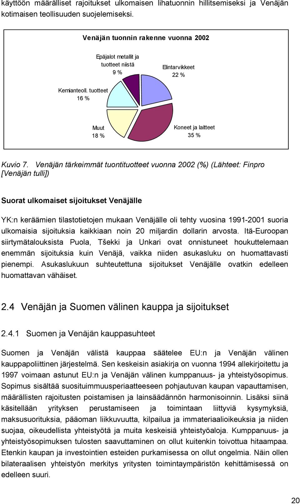 Venäjän tärkeimmät tuontituotteet vuonna 2002 (%) (Lähteet: Finpro [Venäjän tulli]) Suorat ulkomaiset sijoitukset Venäjälle YK:n keräämien tilastotietojen mukaan Venäjälle oli tehty vuosina 1991-2001