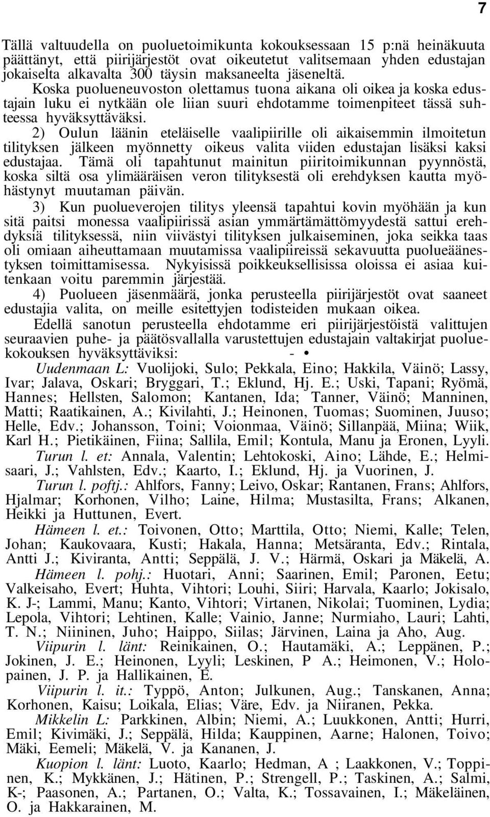 2) Oulun läänin eteläiselle vaalipiirille oli aikaisemmin ilmoitetun tilityksen jälkeen myönnetty oikeus valita viiden edustajan lisäksi kaksi edustajaa.