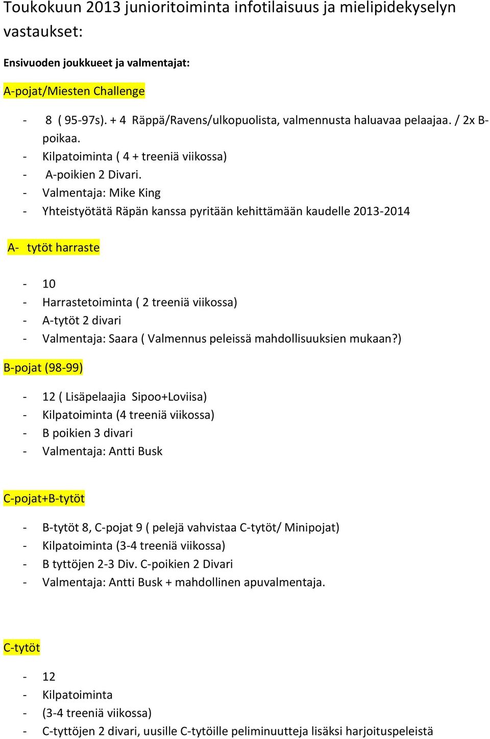 - Valmentaja: Mike King - Yhteistyötätä Räpän kanssa pyritään kehittämään kaudelle 2013-2014 A- tytöt harraste - 10 - Harrastetoiminta ( 2 treeniä viikossa) - A-tytöt 2 divari - Valmentaja: Saara (