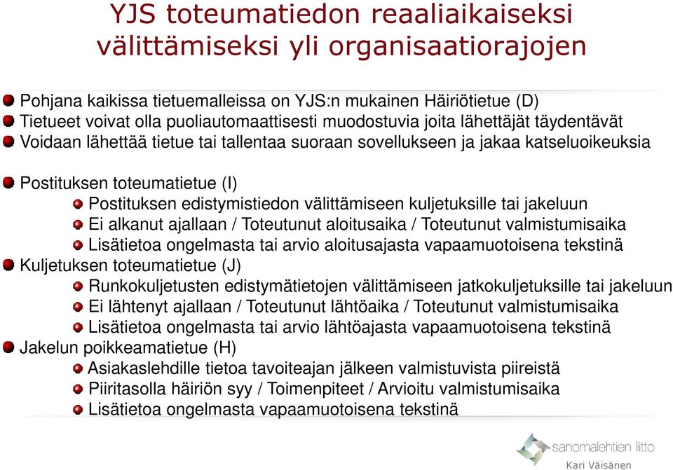 tai jakeluun Ei alkanut ajallaan / Toteutunut aloitusaika / Toteutunut valmistumisaika Lisätietoa ongelmasta tai arvio aloitusajasta vapaamuotoisena tekstinä Kuljetuksen toteumatietue (J)