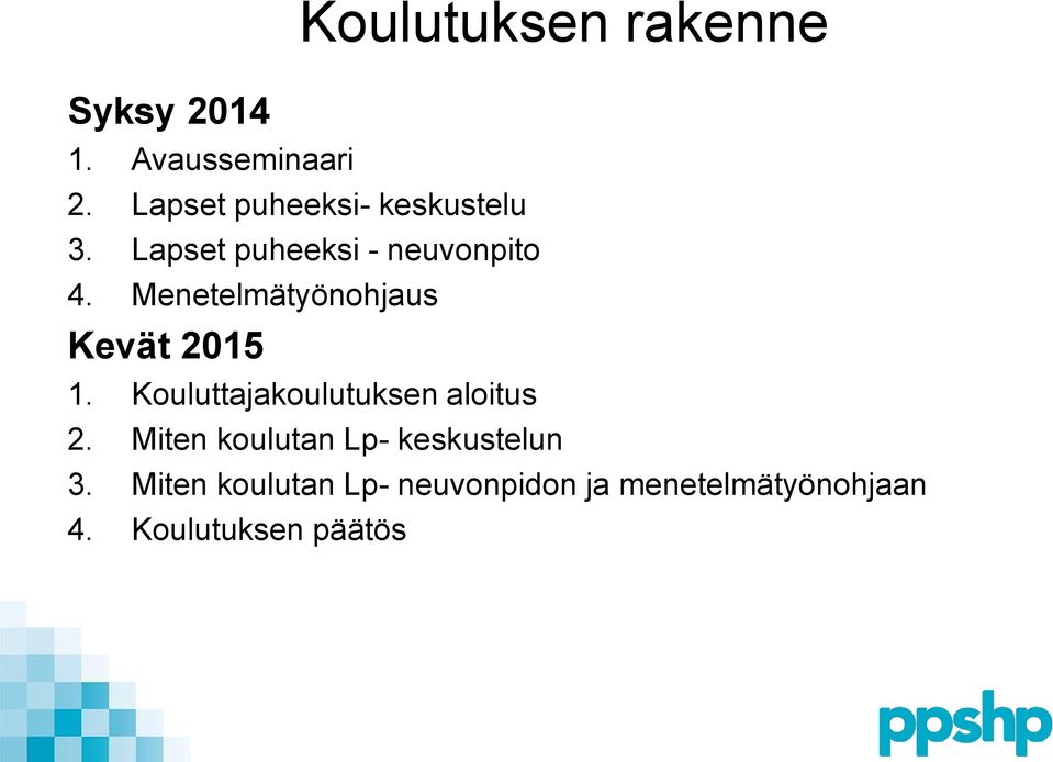 Menetelmätyönohjaus Kevät 2015 1. Kouluttajakoulutuksen aloitus 2.