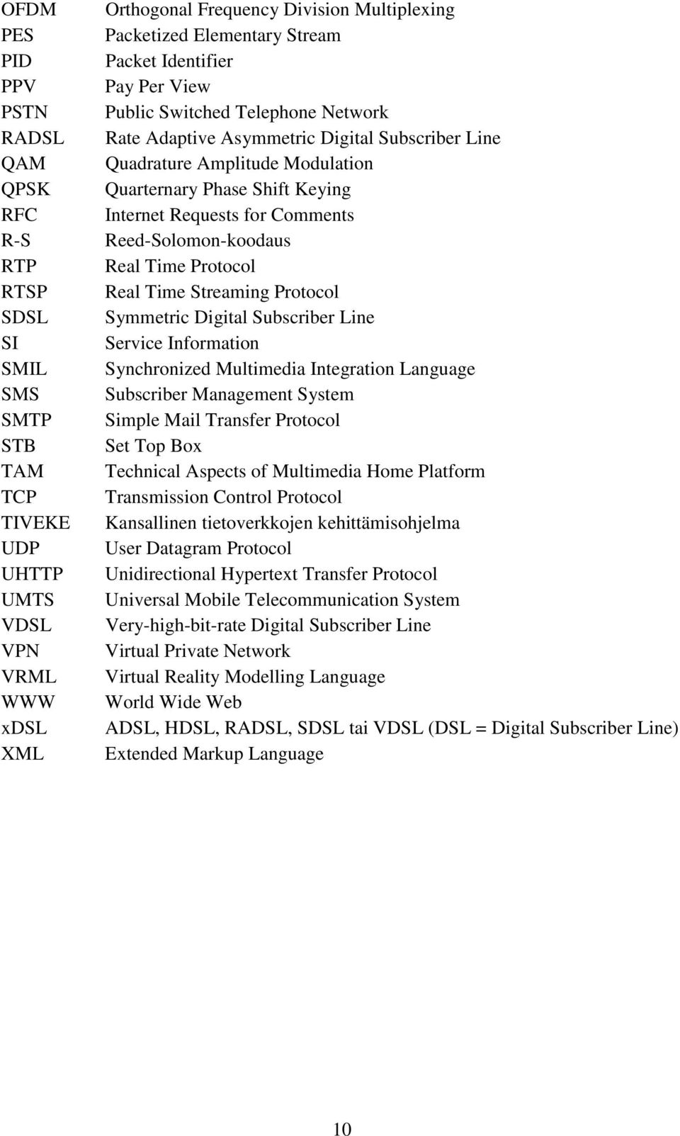 Internet Requests for Comments Reed-Solomon-koodaus Real Time Protocol Real Time Streaming Protocol Symmetric Digital Subscriber Line Service Information Synchronized Multimedia Integration Language