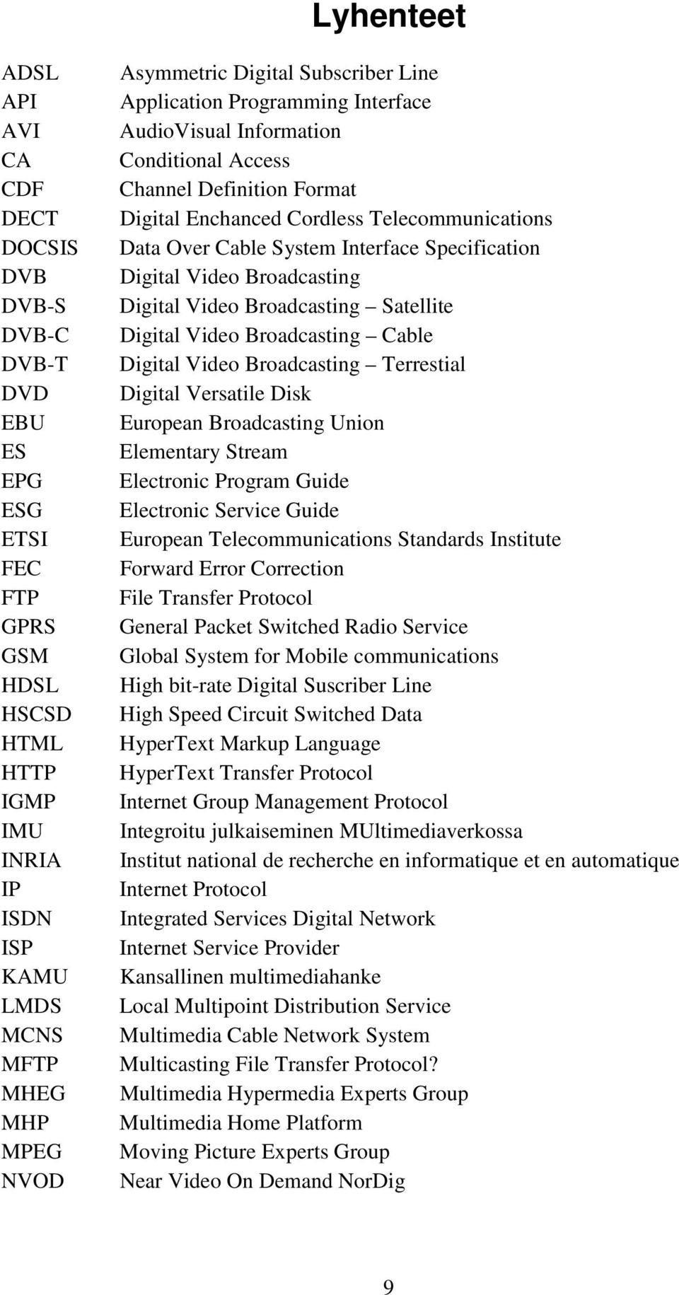 System Interface Specification Digital Video Broadcasting Digital Video Broadcasting Satellite Digital Video Broadcasting Cable Digital Video Broadcasting Terrestial Digital Versatile Disk European