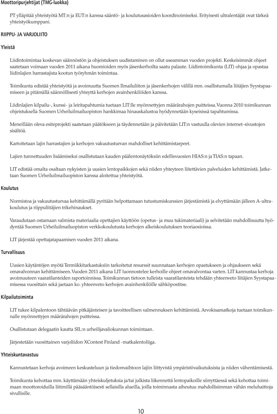 Keskeisimmät ohjeet saatetaan voimaan vuoden 2011 aikana huomioiden myös jäsenkerhoilta saatu palaute. Liidintoimikunta (LIT) ohjaa ja opastaa liidinlajien harrastajista kootun työryhmän toimintaa.