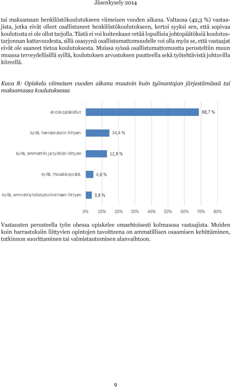Tästä ei voi kuitenkaan vetää lopullisia johtopäätöksiä koulutustarjonnan kattavuudesta, sillä osasyynä osallistumattomuudelle voi olla myös se, että vastaajat eivät ole saaneet tietoa koulutuksesta.