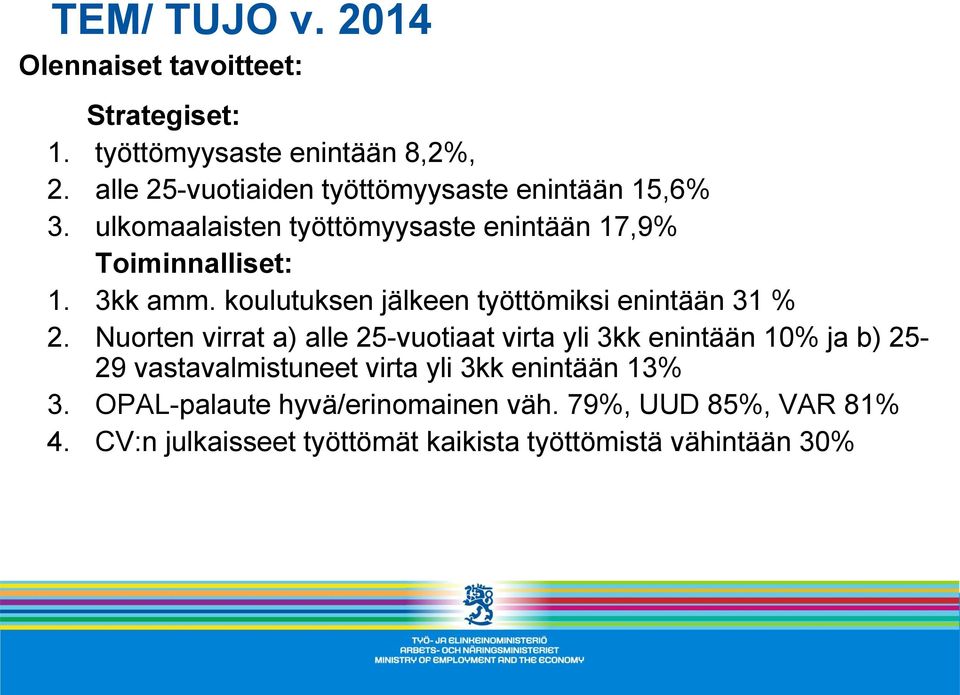 koulutuksen jälkeen työttömiksi enintään 31 % 2.