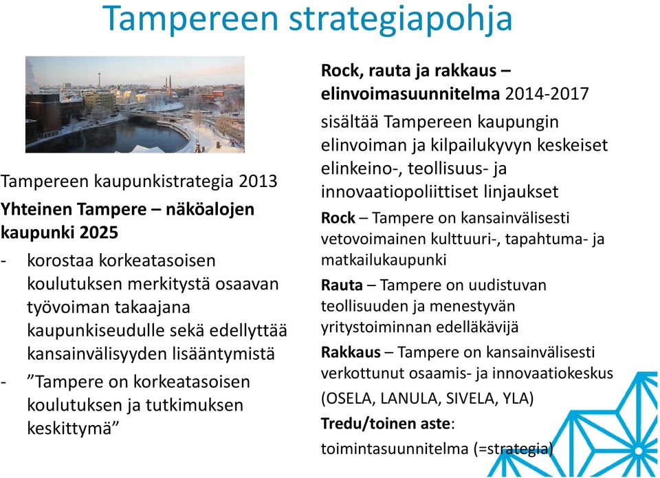 elinvoiman ja kilpailukyvyn keskeiset elinkeino, teollisuus ja innovaatiopoliittiset linjaukset Rock Tampere on kansainvälisesti vetovoimainen kulttuuri, tapahtuma ja matkailukaupunki Rauta Tampere