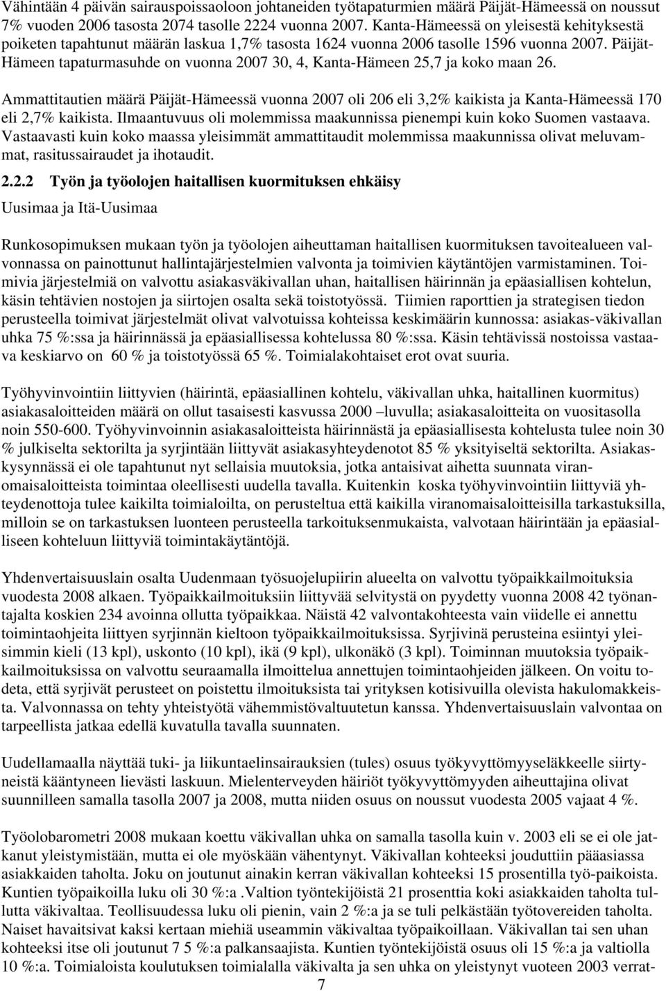 Päijät- Hämeen tapaturmasuhde on vuonna 2007 30, 4, Kanta-Hämeen 25,7 ja koko maan 26.