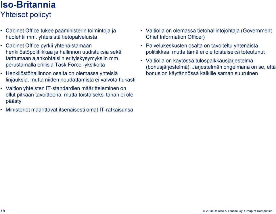 perustamalla erillisiä Task Force -yksiköitä Henkilöstöhallinnon osalta on olemassa yhteisiä linjauksia, mutta niiden noudattamista ei valvota tiukasti Valtion yhteisten IT-standardien