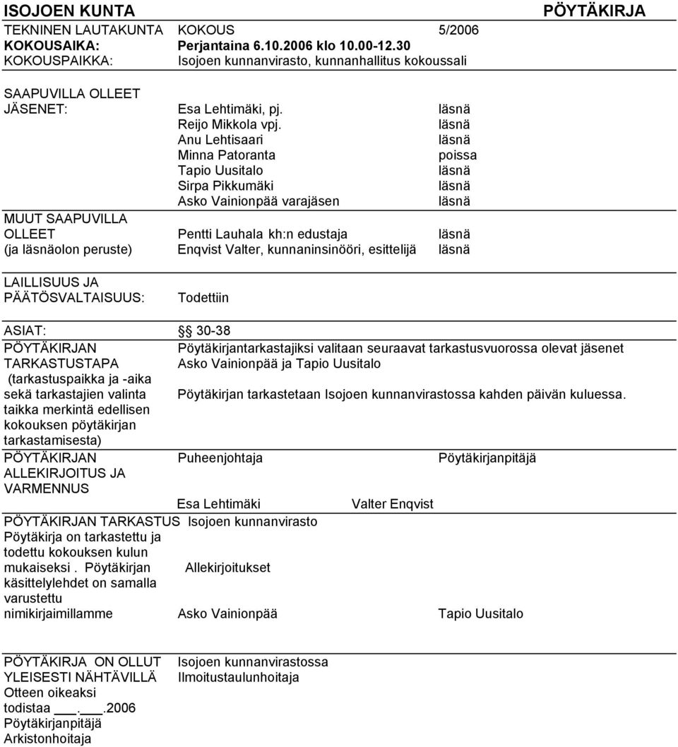 läsnä Anu Lehtisaari läsnä Minna Patoranta poissa Tapio Uusitalo läsnä Sirpa Pikkumäki läsnä Asko Vainionpää varajäsen läsnä MUUT SAAPUVILLA OLLEET Pentti Lauhala kh:n edustaja läsnä (ja läsnäolon