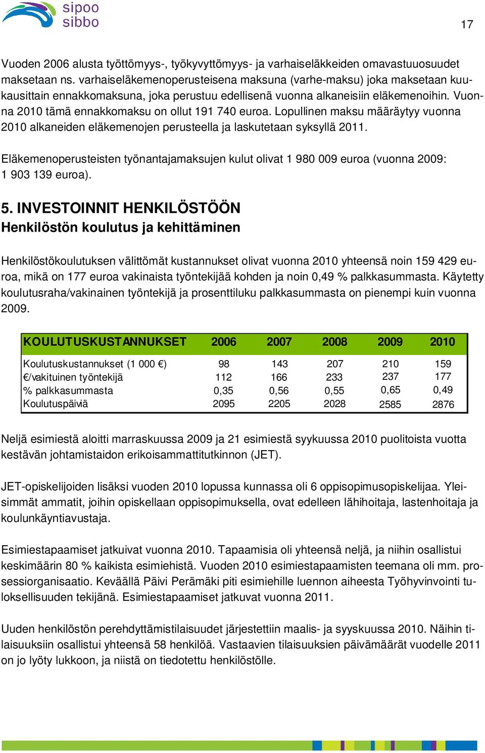 Vuonna 2010 tämä ennakkomaksu on ollut 191 740 euroa. Lopullinen maksu määräytyy vuonna 2010 alkaneiden eläkemenojen perusteella ja laskutetaan syksyllä 2011.