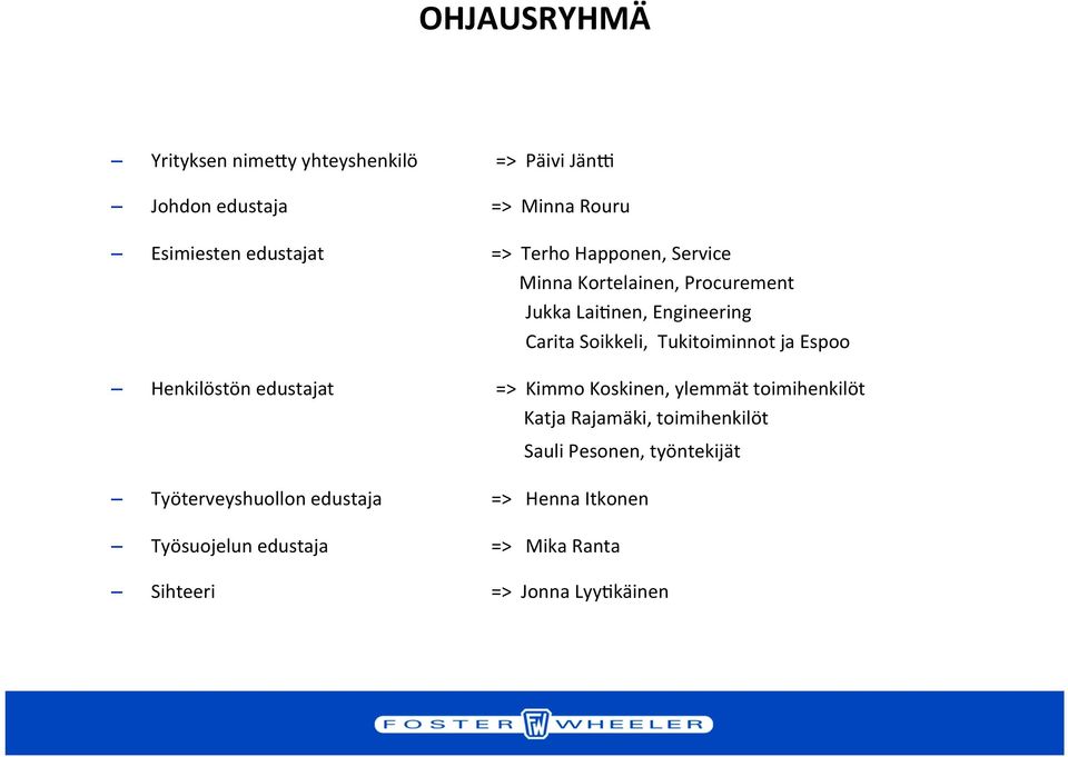 Espoo Henkilöstön edustajat => Kimmo Koskinen, ylemmät toimihenkilöt Katja Rajamäki, toimihenkilöt Sauli Pesonen,