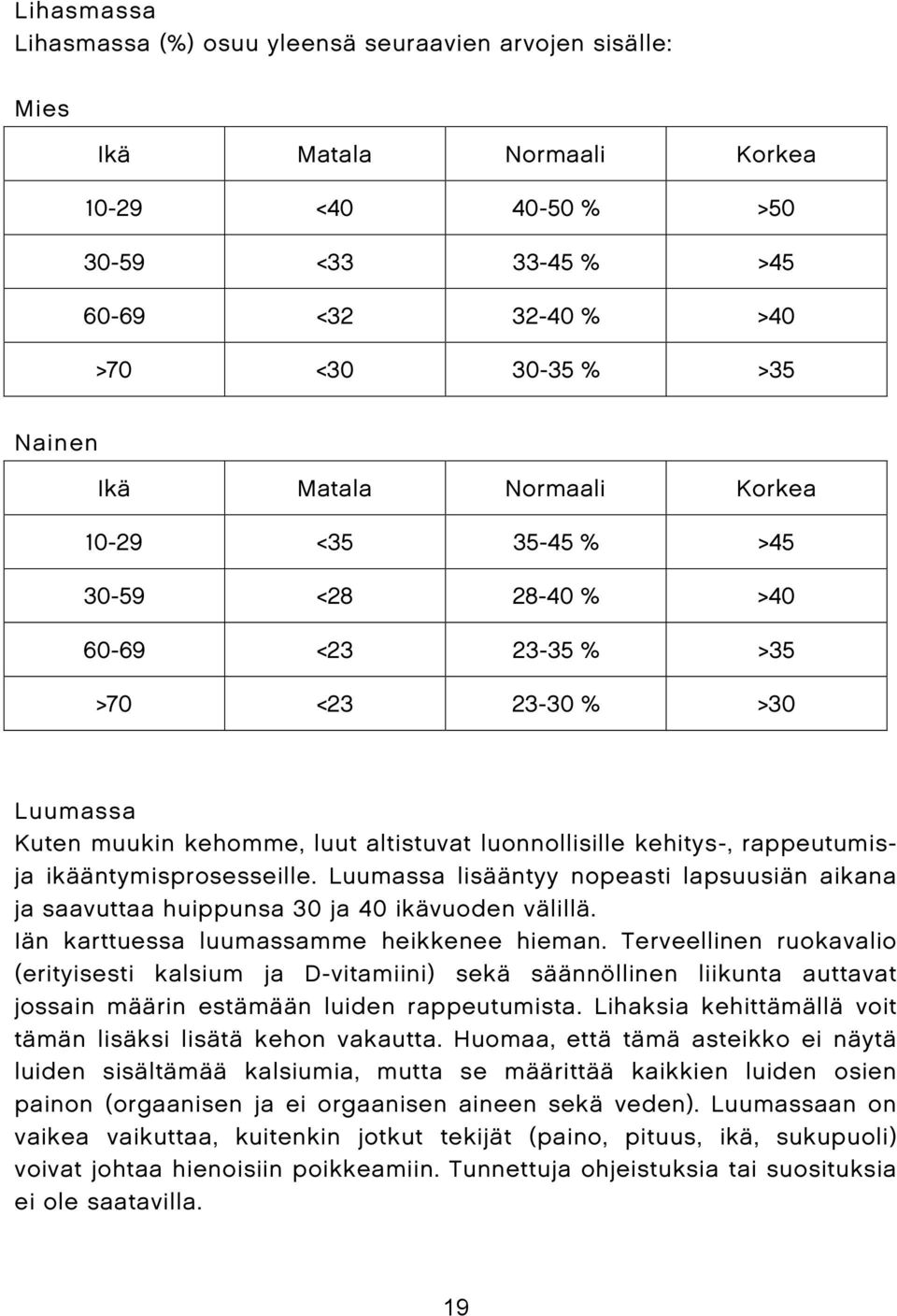 ikääntymisprosesseille. Luumassa lisääntyy nopeasti lapsuusiän aikana ja saavuttaa huippunsa 30 ja 40 ikävuoden välillä. Iän karttuessa luumassamme heikkenee hieman.