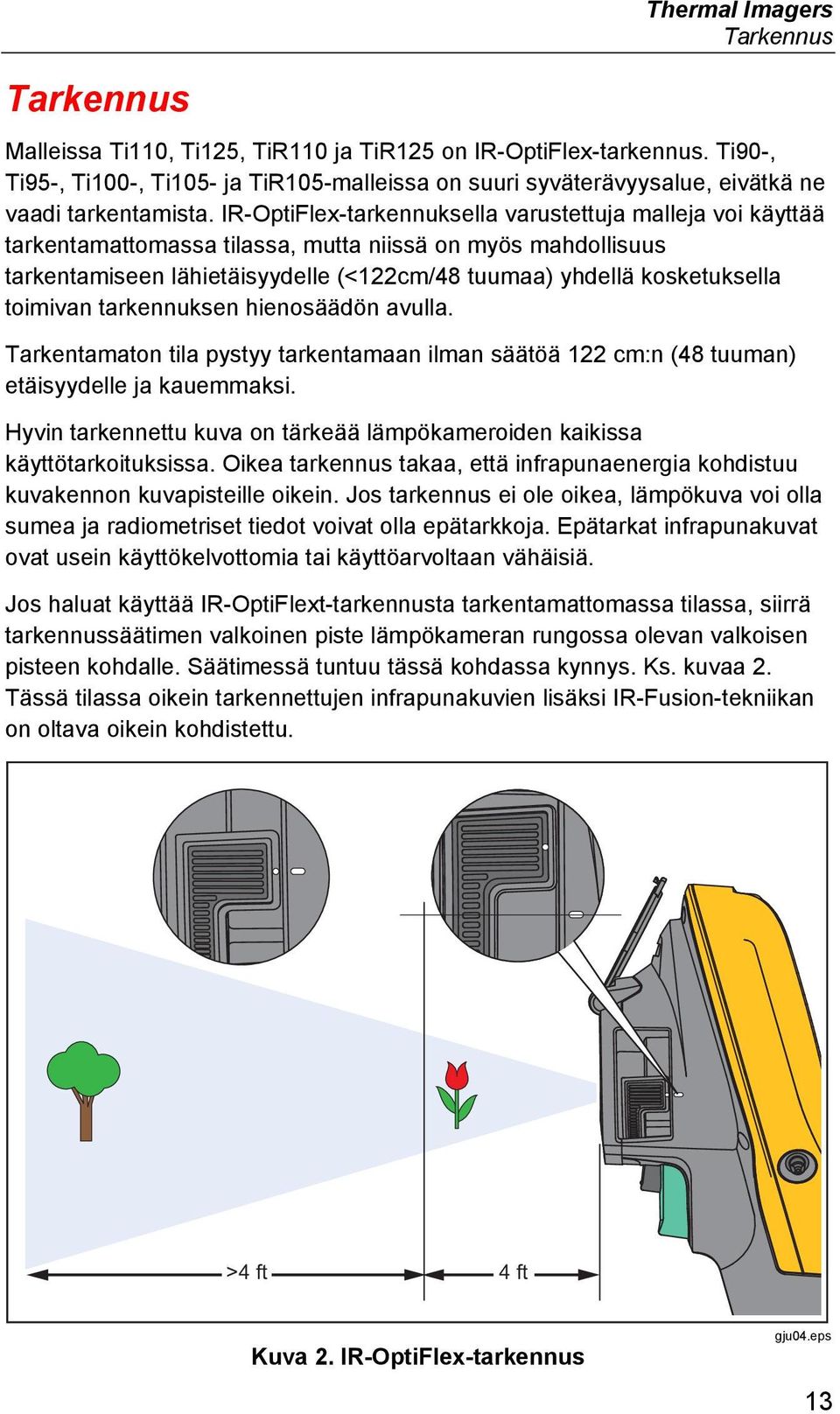 IR-OptiFlex-tarkennuksella varustettuja malleja voi käyttää tarkentamattomassa tilassa, mutta niissä on myös mahdollisuus tarkentamiseen lähietäisyydelle (<122cm/48 tuumaa) yhdellä kosketuksella