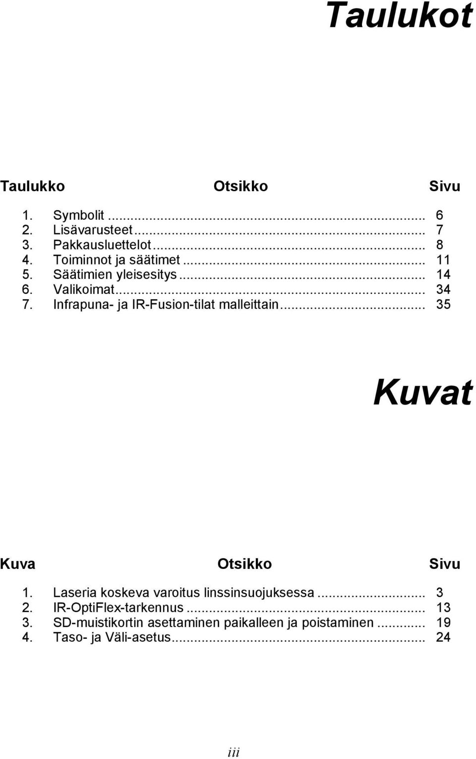 Infrapuna- ja IR-Fusion-tilat malleittain... 35 Kuvat Kuva Otsikko Sivu 1.