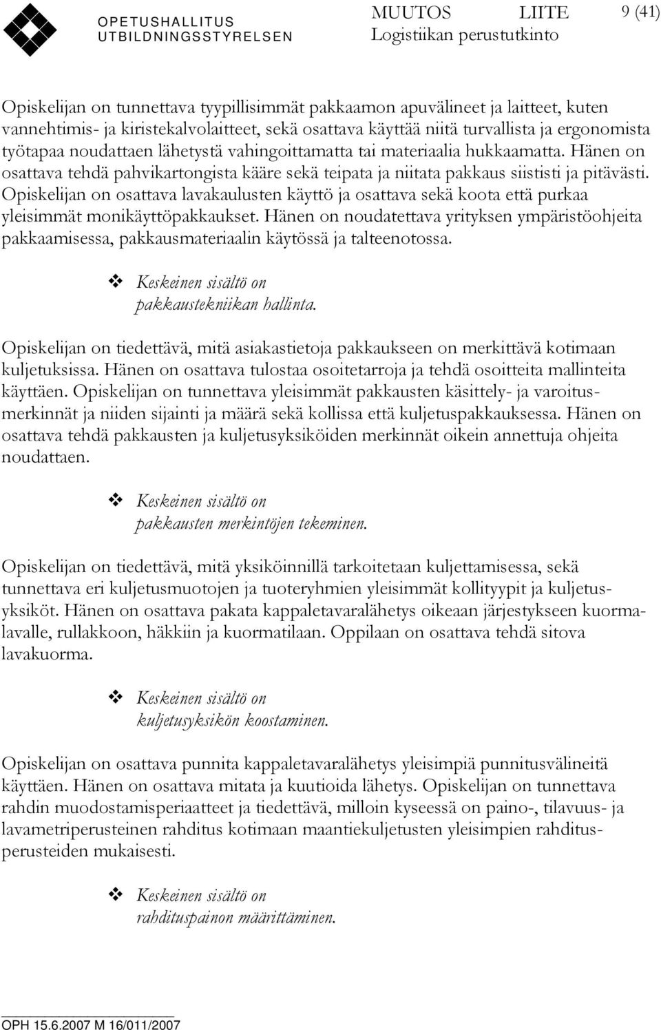 Opiskelijan on osattava lavakaulusten käyttö ja osattava sekä koota että purkaa yleisimmät monikäyttöpakkaukset.