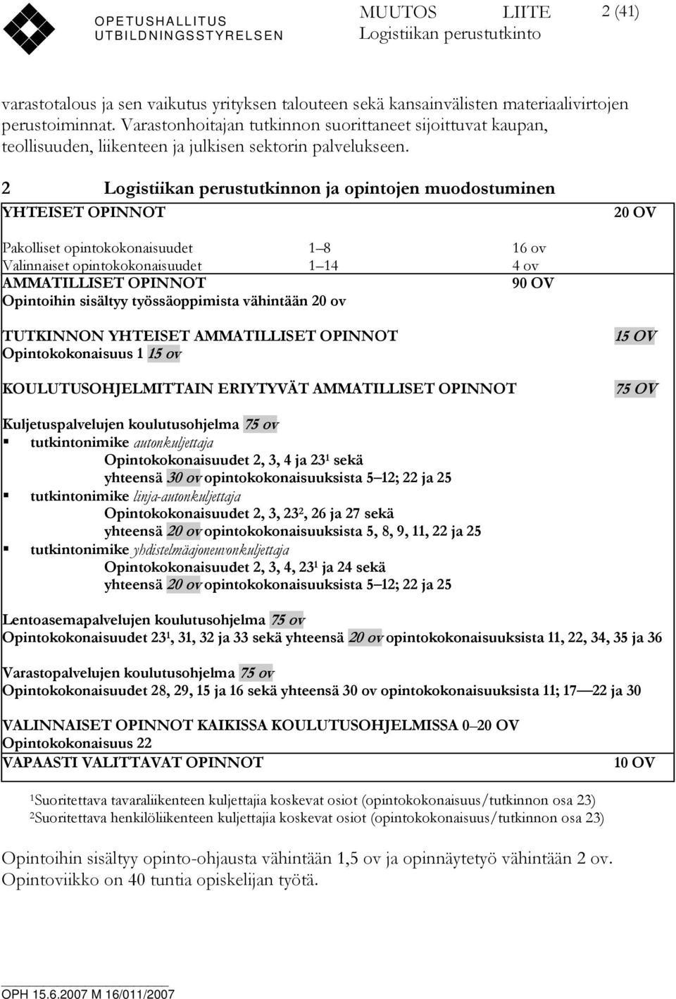 2 Logistiikan perustutkinnon ja opintojen muodostuminen YHTEISET OPINNOT 20 OV Pakolliset opintokokonaisuudet 1 8 16 ov Valinnaiset opintokokonaisuudet 1 14 4 ov AMMATILLISET OPINNOT 90 OV Opintoihin