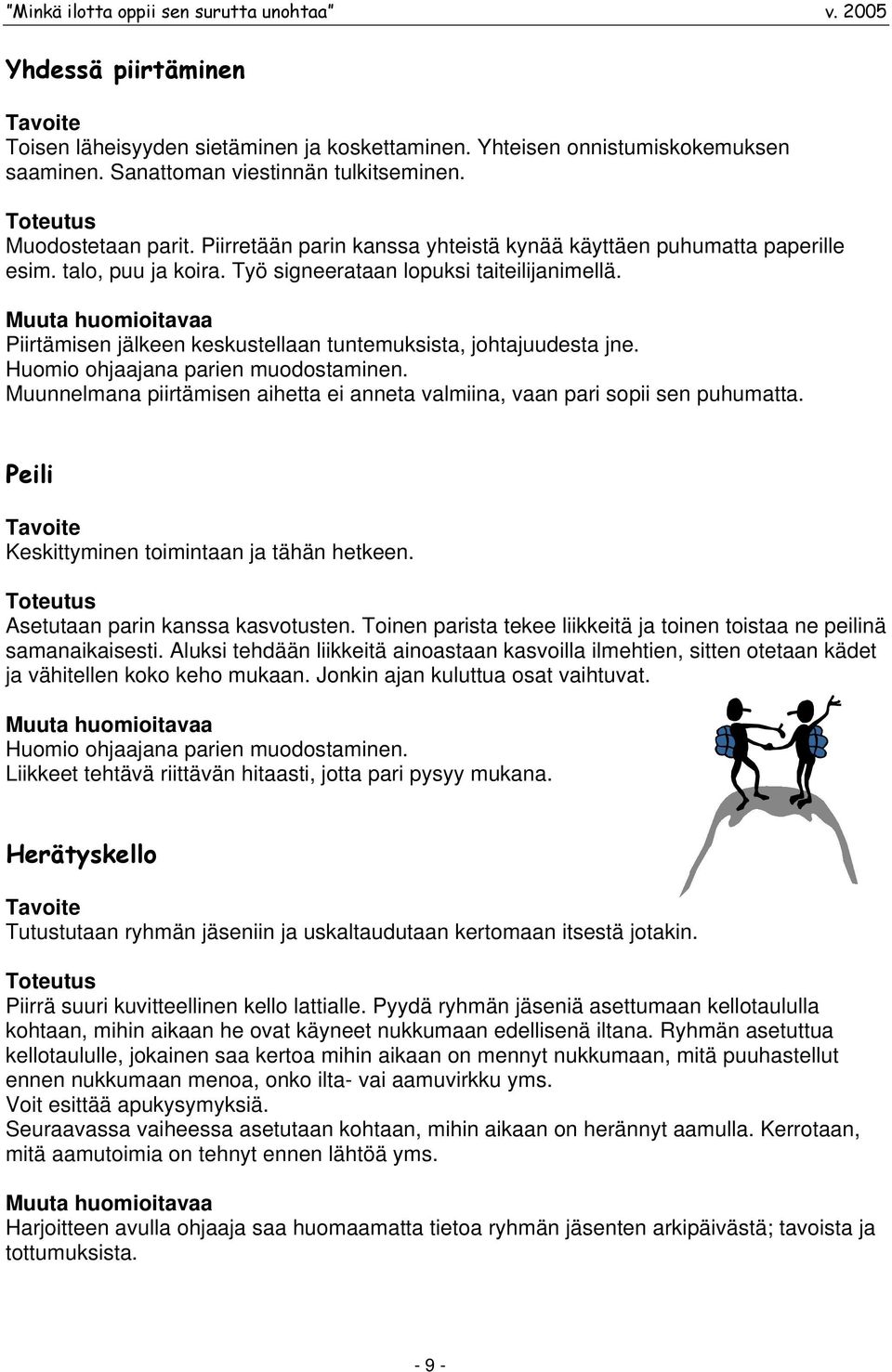 Piirtämisen jälkeen keskustellaan tuntemuksista, johtajuudesta jne. Huomio ohjaajana parien muodostaminen. Muunnelmana piirtämisen aihetta ei anneta valmiina, vaan pari sopii sen puhumatta.