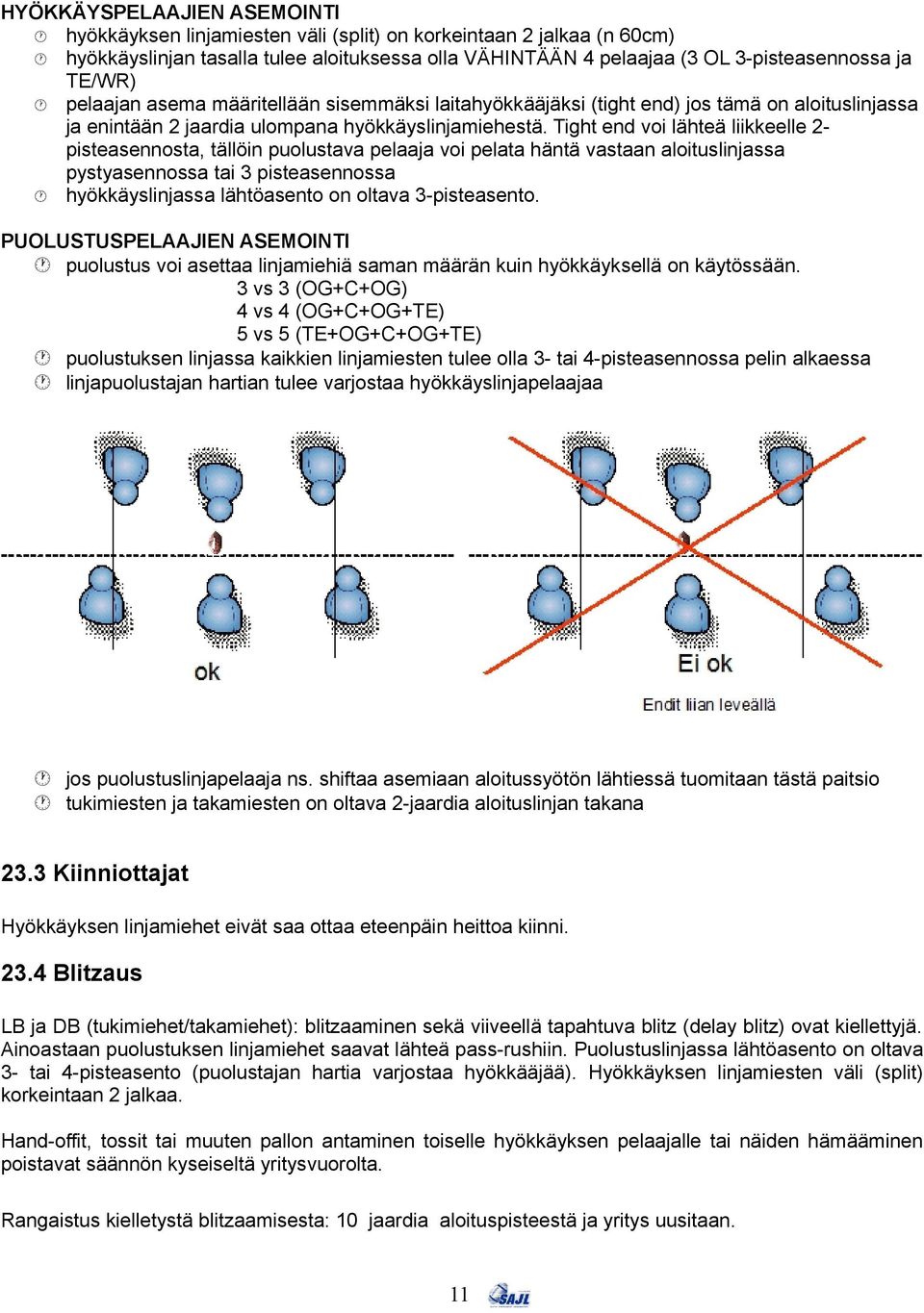 Tight end voi lähteä liikkeelle 2- pisteasennosta, tällöin puolustava pelaaja voi pelata häntä vastaan aloituslinjassa pystyasennossa tai 3 pisteasennossa hyökkäyslinjassa lähtöasento on oltava