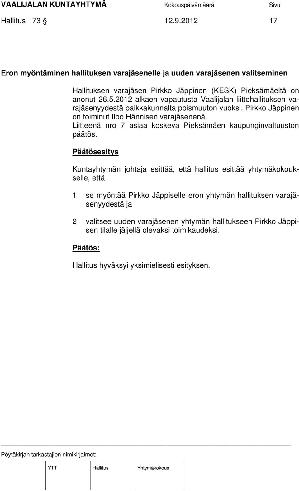 2012 alkaen vapautusta Vaalijalan liittohallituksen varajäsenyydestä paikkakunnalta poismuuton vuoksi. Pirkko Jäppinen on toiminut Ilpo Hännisen varajäsenenä.