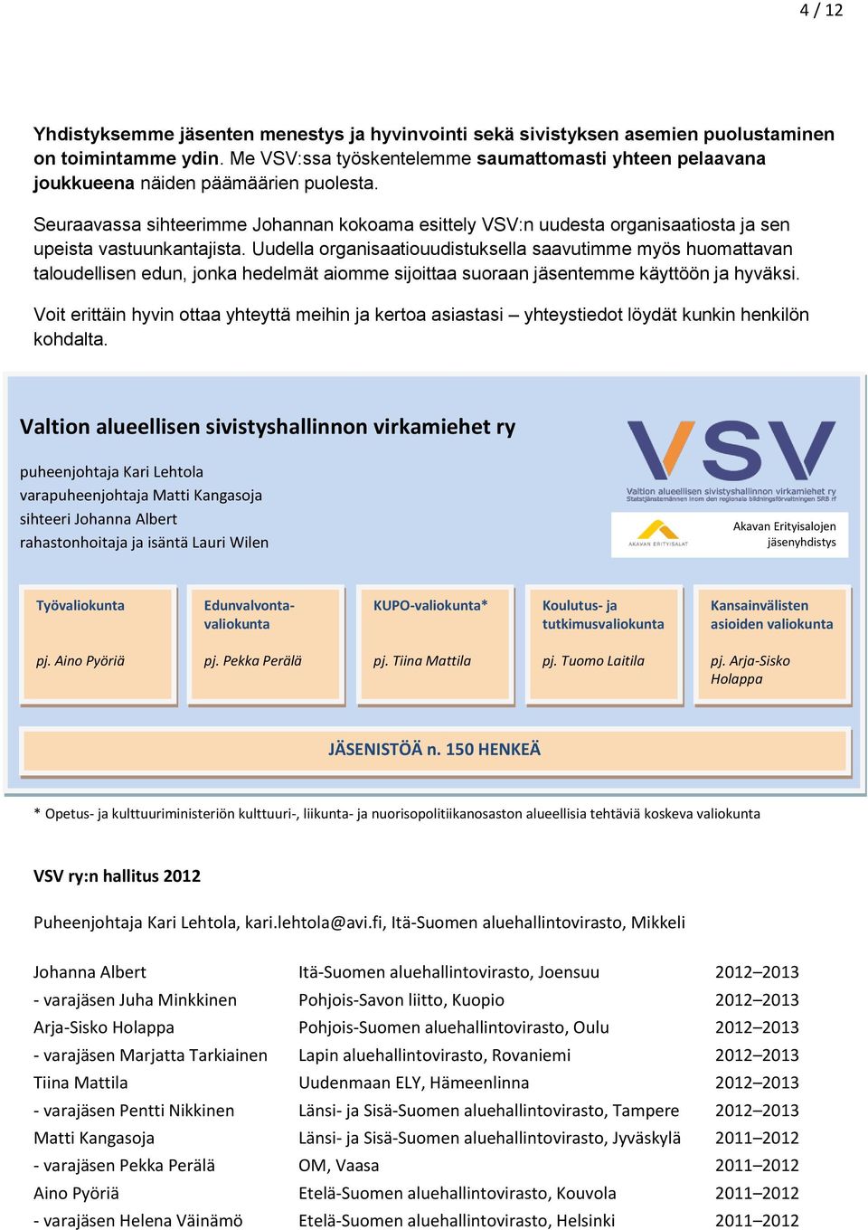 Seuraavassa sihteerimme Johannan kokoama esittely VSV:n uudesta organisaatiosta ja sen upeista vastuunkantajista.