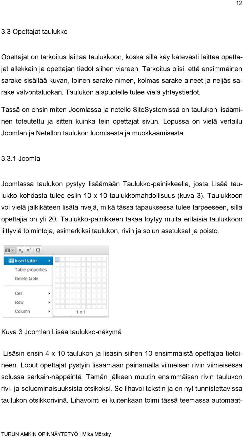 Tässä on ensin miten Joomlassa ja netello SiteSystemissä on taulukon lisääminen toteutettu ja sitten kuinka tein opettajat sivun.