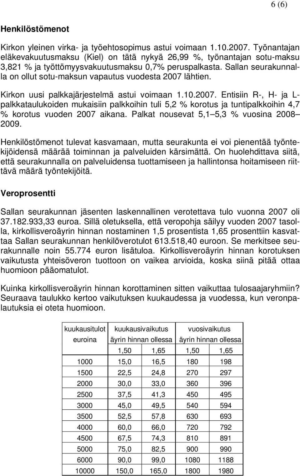 Sallan seurakunnalla on ollut sotu-maksun vapautus vuodesta 2007 lähtien. Kirkon uusi palkkajärjestelmä astui voimaan 1.10.2007. Entisiin R-, H- ja L- palkkataulukoiden mukaisiin palkkoihin tuli 5,2 % korotus ja tuntipalkkoihin 4,7 % korotus vuoden 2007 aikana.