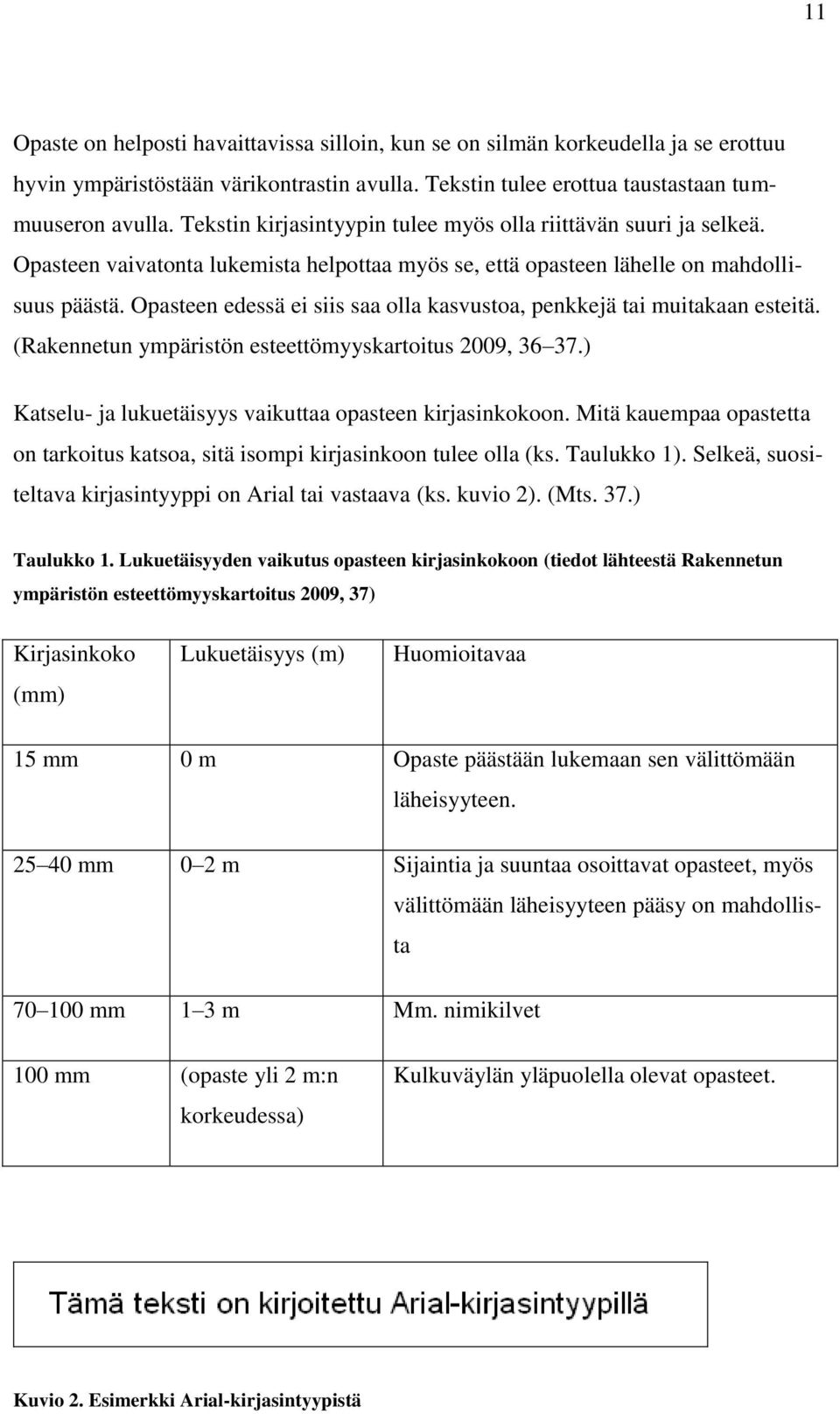 Opasteen edessä ei siis saa olla kasvustoa, penkkejä tai muitakaan esteitä. (Rakennetun ympäristön esteettömyyskartoitus 2009, 36 37.) Katselu- ja lukuetäisyys vaikuttaa opasteen kirjasinkokoon.