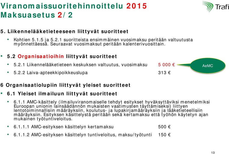 1 Yleiset ilmailuun liittyvät suoritteet 6.1.1 AMC-käsittely (ilmailuviranomaiselle tehdyt esitykset hyväksyttäviksi menetelmiksi Euroopan unionin lainsäädännön mukaisten vaatimusten täyttämiseksi)