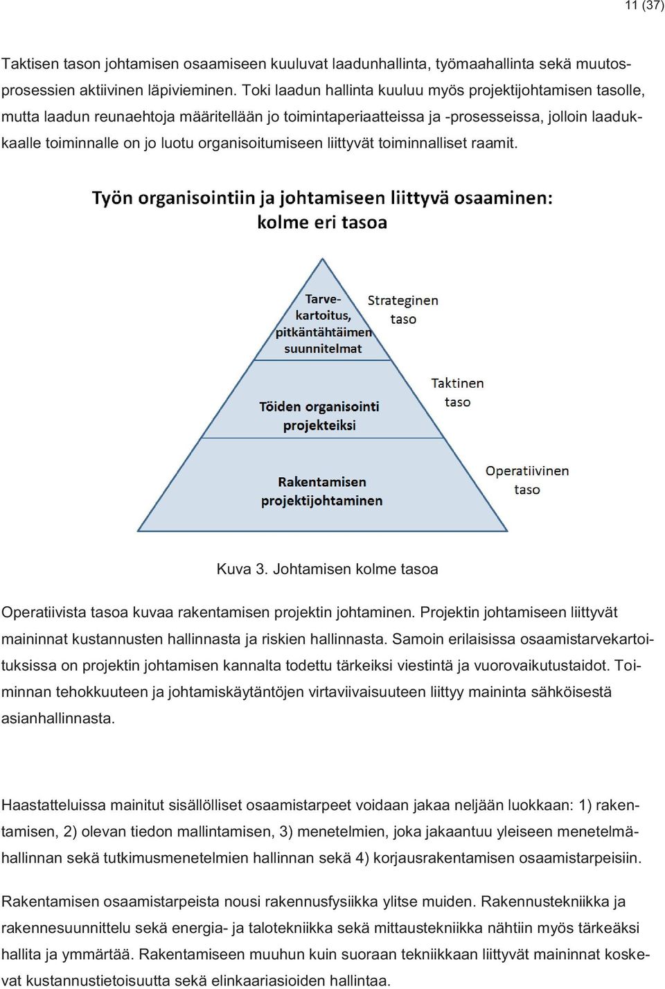 organisoitumiseen liittyvät toiminnalliset raamit. Kuva 3. Johtamisen kolme tasoa Operatiivista tasoa kuvaa rakentamisen projektin johtaminen.