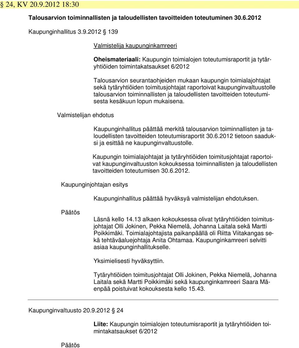 2012 139 Valmistelijan ehdotus Valmistelija kaupunginkamreeri Oheismateriaali: Kaupungin toimialojen toteutumisraportit ja tytäryhtiöiden toimintakatsaukset 6/2012 Talousarvion seurantaohjeiden