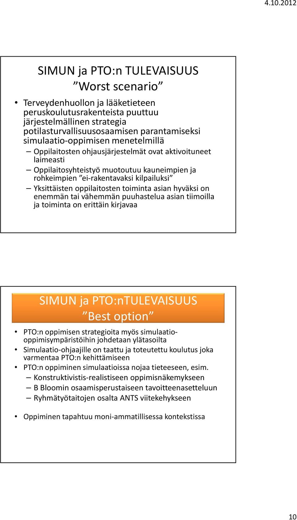 oppilaitosten toiminta asian hyväksi on enemmän tai vähemmän puuhastelua asian tiimoilla ja toiminta on erittäin kirjavaa SIMUN ja PTO:nTULEVAISUUS Best option PTO:n oppimisen strategioita myös