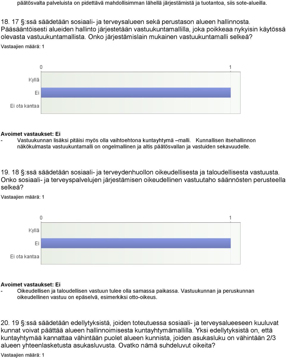 - Vastuukunnan lisäksi pitäisi myös olla vaihtoehtona kuntayhtymä malli. Kunnallisen itsehallinnon näkökulmasta vastuukuntamalli on ongelmallinen ja altis päätösvallan ja vastuiden sekavuudelle. 19.